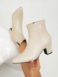 女式粗跟靴，欧美时尚，百搭拉链开合，优雅尖头，性感派对舞会必备，秋季靴子 - 杏色 - 查看 2