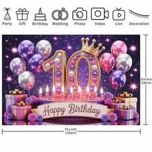 1 tấm banner sinh nhật lần thứ 10 cho bé gái, phông nền sinh nhật lần thứ 10 với bóng bay màu hồng và tím lấp lánh, được trang trí với số 10 và dòng chữ "Chúc mừng sinh nhật", lý tưởng để trang trí nhà cửa, phòng ngủ hoặc tường, hoàn hảo cho đồ dùng tiệc sinh nhật của bé gái 10 tuổi, phù hợp cho sinh nhật, kỷ niệm, ngày lễ, trang trí vòng hoa sinh nhật, trang trí bàn bánh sinh nhật lần thứ 10. - Nhiều màu - Xem 6