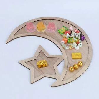 1pc Moon & Star Pattern Wooden Tray, Decorative Serving Tray For Snacks, Dried Fruits, Nuts, Desserts, Tabletop Or Wall Decor, Rustic & Minimalist Design, Suitable For Living Room, Dining Room, Eid Al-Fitr, Eid Al-Adha