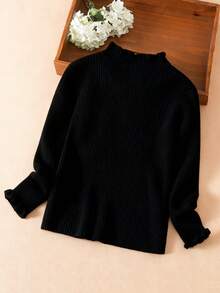 Girls Sweater Elegant Pearl Beaded Ruffle Hem Long Sleeve Knit Pullover Warm Top, Autumn/Winter - Black - View 2