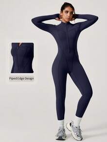 NcmRyu Body modelador feminino de cor sólida, elástico, com meio zíper, gola alta, manga comprida, confortável e que valoriza a silhueta (1 peça). - Azul marinho - Ver 1
