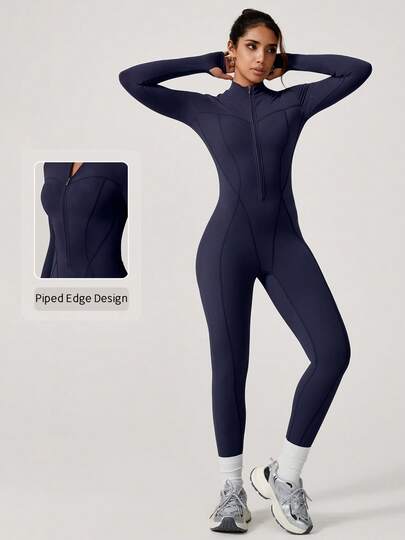 NcmRyu 1件装女士纯色弹力塑身连体衣，半拉链设计，高领，长袖，舒适显瘦