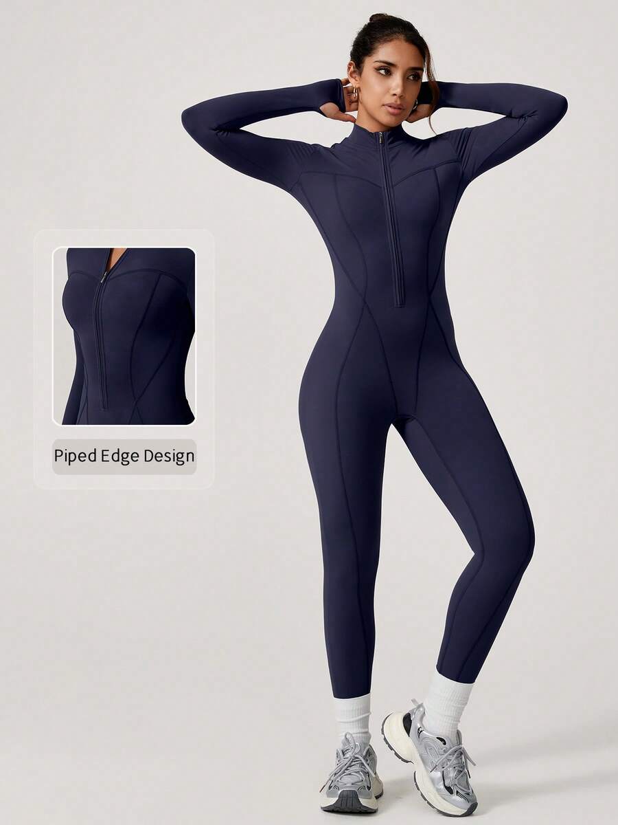 NcmRyu Body modelador feminino de cor sólida, elástico, com meio zíper, gola alta, manga comprida, confortável e que valoriza a silhueta (1 peça). - Azul marinho - Ver 1
