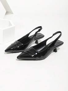 Black Patent Leather High Heel Shoes, Basic Style, Party Wear, Kitten Heel, Pointed Toe, Ankle Strap, Women's High Heel Sandals - Black - View 5