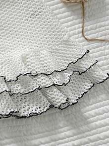 Conjunto de bikini a cuadros con espalda descubierta y lazada, con vestido de playa de malla con volantes, perfecto para la playa y fiestas en la piscina en verano - Blanco y Negro - Ver 9