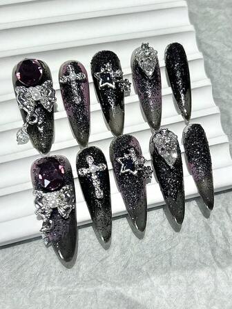 10PCS Niche Luxury Handmade Press On Nails Oblivion Dark Hot Girl Fake Nails Bow Star Cross Diamond Purple Long Tip Nail Art Press On Nails Almond Nails Nail Supplies (1 Sheets Jelly Stickers+1PC Nail File)
