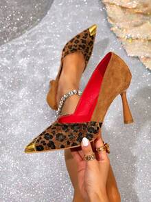 Leopard Print Color Block Pointed Toe Stiletto High Heels, Niche Design Low Vamp Pumps, Comfortable & Fashionable, Versatile For Autumn/Winter 2025 - Brown - View 1