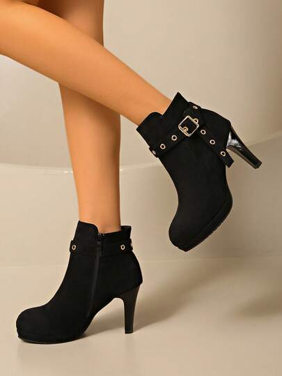 Nowe, europejskie i amerykańskie, jesienno-zimowe botki na cienkim obcasie, botki na wysokim obcasie z zamkiem z boku, modne botki, krótkie botki damskie, europejskie i amerykańskie, wąskie botki na wysokim obcasie, popularne zimowe, nowe, seksowne botki z okrągłym noskiem, minimalistyczne botki damskie na wysokim obcasie