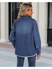 Necooer Women's Denim Jacket Old Wash Button Boyfriend Denim Jacket Jacket With Pocket - 中等水洗藍 - 查看 3