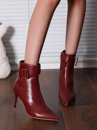 Women's Red New Fashion Pointed Toe Solid Color Minimalist PU Leather Upper Side Zipper Design Buckle Decor Stiletto High Heel Ankle Boots, Suitable For Spring/Autumn, Festivals, Street, Dance Party, Fashionable & Sexy Ankle & Short Boots