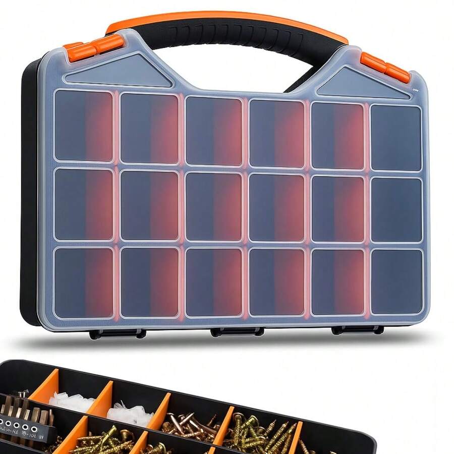 Hardware Organizer Box With Dividers - 18 Compartments Small Parts Organizer With Accessible Hinged Lid - Plastic Screw Organizer Store Nuts, Bolts, Screws, Nails, & Small Hardware