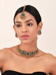 热销 2024 - 4 件/套锌合金古铜色女士首饰套装，1 件黑/白椭圆形水晶玻璃和人造珍珠金色项链，1 对优雅耳环，1 件宝莱坞风格额链，休闲装和节日的完美礼物