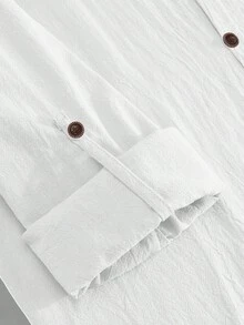 Men's Solid Color Linen Button-Up Long Sleeve Mandarin Collar Shirt And Pants, Vacation Casual Husband 2-Piece Set