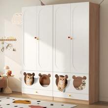 Children's Wardrobe 80x50x200 Cm, With Hanger And Integrated Cat Niche, Colored Ceramic Handles, White And Natural Wood, Lacquered Panels - 白色 - 查看 6