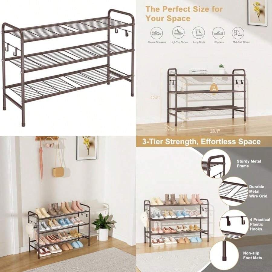3 Tier Shoe Rack 33" Wide Metal Shoe Organizer Long Shoe Storage With 4 Side Hooks Sturdy Shoes Shelf For Front Door Entrance, Closet, Garage, Dorm,(Brown) - Type1 - 查看 1
