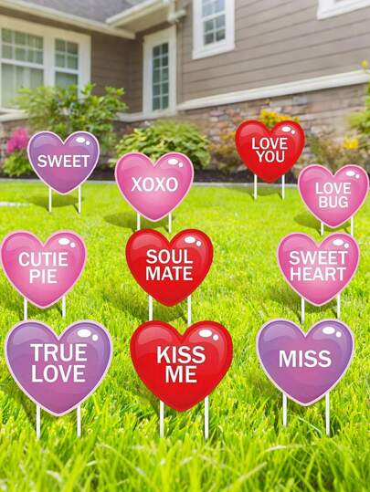 10 st trädgårdsdekorationsskyltar för alla hjärtans dag med 20 st pålar, rosa hjärtformade gräsmattedekorationer, Glad alla hjärtans dag, Bröllopstillbehör för årsdagar, Gräsmatta, Dekorationer för utomhusfester