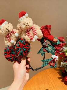 女士圣诞毛绒熊蝴蝶结发箍，新款绿色/红色泰迪熊毛绒发饰，饰有可爱蝴蝶，是节日场合的完美之选——时尚拍照道具、派对发箍，轻盈优雅的设计，是送给女士的理想节日礼物 - 彩色 - 查看 9