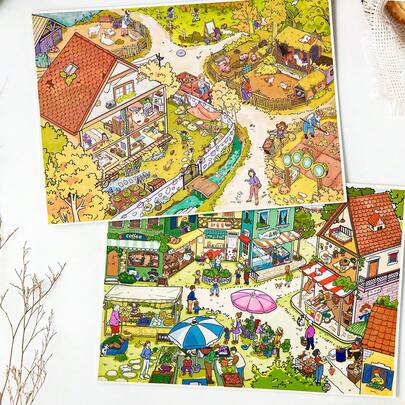 4张/包超大贴纸，卡梅尔小镇系列，精美小镇农场主题风景贴纸，剪贴簿用品，笔记本配件，装饰相框，电脑和手机壳，水杯，旧杂志，铅笔盒，桌面装饰贴纸，返校季贴纸，学习用品