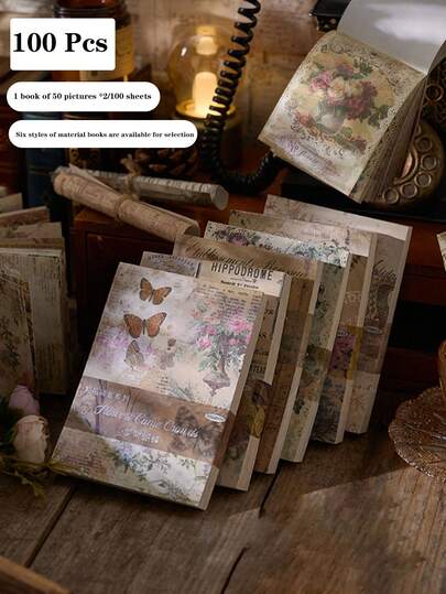 1本（约100张）复古风格纸张，6种设计可选，复古美学背景纸，适用于剪贴簿、日记、DIY笔记、办公桌装饰，适合日常使用、礼品包装、计划本装饰