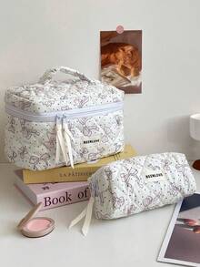 绗缝灯芯绒旅行化妆包，大容量蓬松化妆袋，女士洗漱收纳盒，可水洗，花卉图案，便携，女士大容量手提包，洗漱包，适合女性/女孩旅行，可爱，适合作为旅行礼物、结婚礼物、情人节礼物、伴娘礼物以及“我们”系列，化妆间装饰 - 彩色 - 查看 6