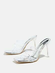 Scarpe con tacco alto da donna, adatte per primavera, autunno, feste serali, banchetti, sfilate, danza, mostre di moda, sandali con tacco alto sottile di colore argento, punta quadrata elegante, cinturino alla caviglia trasparente e lucido, materiale morbido e amichevole per la pelle, slip-on, grazioso, bello, scintillante, tacchi alti di lusso argento, scarpe eleganti da donna, abbinabili a vestiti