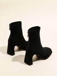 Fall/Winter 8cm Square Heel Women's Black Ankle Boots, Comfortable Block Heel, Back Zipper, Waterproof Platform Chunky Heel Slim Boots,High Heels - Black and White - View 5