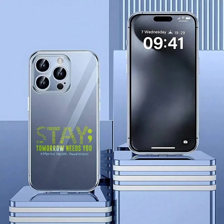 Carcasa transparente de teléfono móvil de moda Cubierta de teléfono transparente con diseño de texto mental health awareness para iPhone 14 Pro Max en color gris claro con impresión verde STAY TOMORROW NEEDS YOU ideal para conciencia sobre salud mental y uso diario - transparente - Ver 1