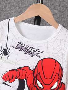 Young Boy Casual Graphic Outfit, Print Long Sleeve Top + Spider Web Print Pants, Stylish Cartoon Fit, For Everyday Wear, Birthday Party, Satisfy Young Hero Dream, Autumn/Winter