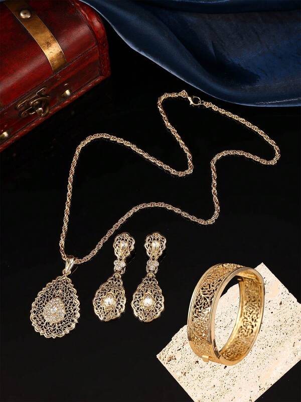 1 Set Vintage Elegant Women Jewelry Set - Necklace, Earrings, Bracelet, Teardrop Hollow Carved Intricate Pattern, Suitable For Women's Holiday Party Jewelry Gift