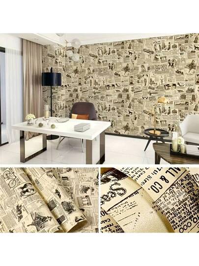 Roll Of Retro Newspaper Pattern Wallpaper. It Is Peel Stick, No Glue Required, Easy To Install Removable. Bedroom Living Room Accent Wand ation, As Well Tabletop Cabinet Renovation. Paper Stickers view 8