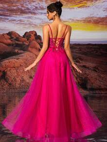 女士亮粉色闪亮蕾丝舞会礼服长款前开襟舞会礼服正式晚礼服。 - 玫紅色 - 查看 4