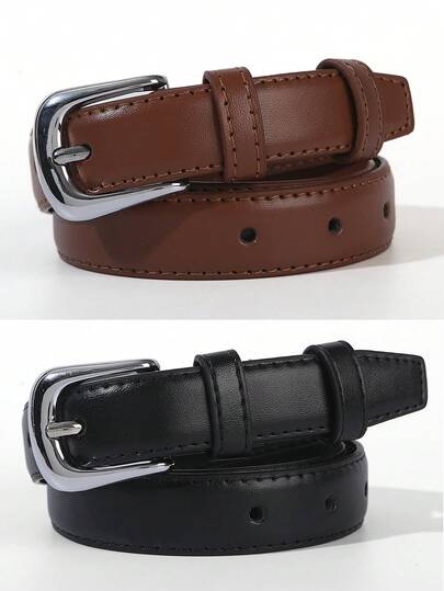 1pc/2pcs Women Silver Buckle Solid Color Simple Casual Versatile Decorative Belt, Suitable For Daily Commute Matching With Jeans, Skirts And Women Pants