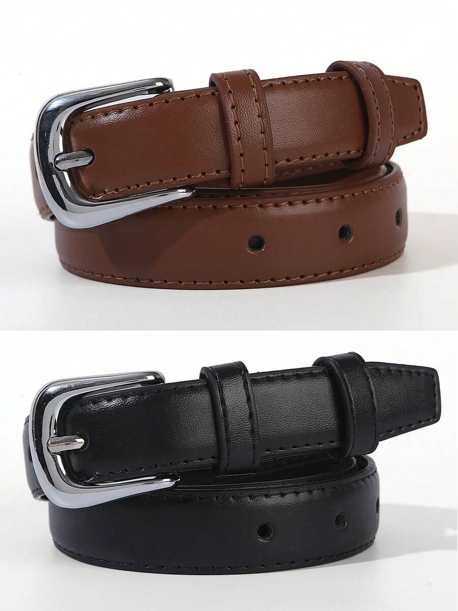1 pieza/2 piezas Cinturón sólido casual y versátil con hebilla plateada para mujer, adecuado para el uso diario - Hebilla plateada multicolor - Ver 1