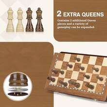 Easytoday 38cm/15inch Foldable Wooden International Chess Set With Magnetic Pieces - Includes 2 Extra Queens, High-End Gift Choice For Christmas And Various Holidays