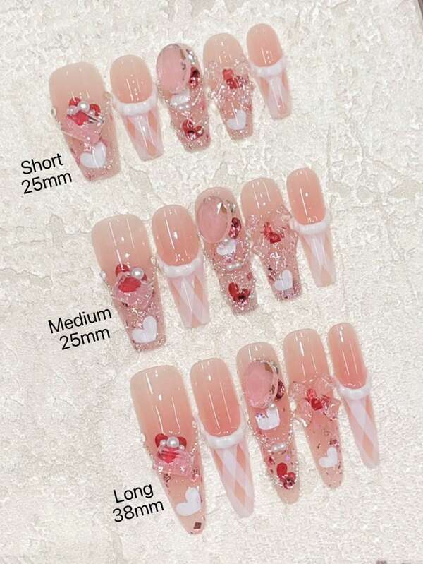 10Pcs Super Sweet Girl! Extra Long French Manicure Strips With White Lace Trim, Matching Large Sugar Cube Rhinestones And Pink Glitter, Reusable Handmade Nail Covers, Includes Mini Nail File, Suitable As Gift For Friends Or Party Wear Press On Nails Nail Supplies Nails