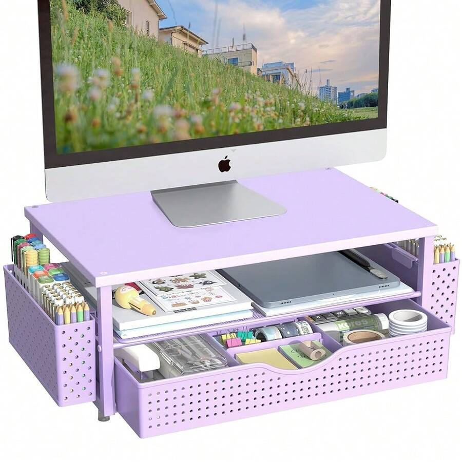 Desk Organizer And Accessories, Computer Monitor Stand Riser With Drawer And 2 Pen Holders, Office Desk Accessories & Workspace Organizers For Office Supplies (Purple){Inchcolor_nameinch:Inchpurpleinch} - 紫色 - 查看 1
