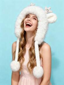 Gorro feminino de inverno com pompom e amarração na cabeça, estilo coreano, versátil, com orelhas de veado, grosso e acolchoado, ideal para o inverno.