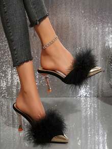 女士黑色高跟套脚鞋，时尚金属鞋头拖鞋，毛绒穆勒鞋，尖头半穆勒鞋，人造毛皮拼接连衣裙高跟鞋，适合秋冬季节，细高跟 - 黑色 - 查看 6