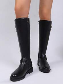 Women's Fashion Buckle Decor Black Knee-High Boots, Fashionable Autumn/Winter Black Side Zipper Motorcycle Boots, Thigh-High Riding Boots. Suitable For Daily Wear, Attending Banquets, Parties, Fashion Shows, Mid-Calf Boots, Thigh-High Boots And Daily Short Boots