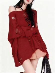 女士休闲宽松针织毛衣，不对称肩部设计，镂空剪裁，长袖，秋季上衣 - 紅色 - 查看 2