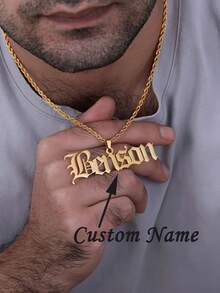 Customized Twist Chain Ancient English Name Necklace, Personalized Hip-Hop Rock Necklace, Customized Name Pendant, Large Stainless Steel Removable Nameplate Pendant Necklace, Gift For Boyfriend, Husband, Son, Popular Jewelry For Men And Women, Christmas Gift - Multicolor - View 2
