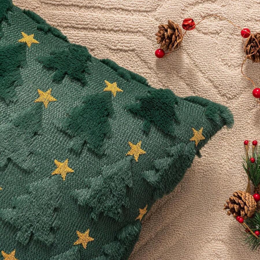 Cojín de Navidad, Cojín de Navidad de Felpa, Funda de Navidad, 45 x 45, Decoración de Navidad Elegante, Funda de Almohada para Sala de Estar - E-Verde(Arbol de Navidad) - Ver 1