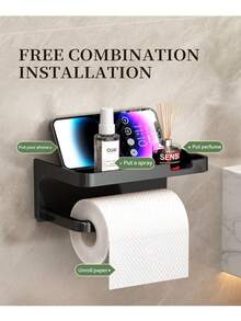 Adhesive Toilet Paper Holder Wall Mounted With Phone Holder Shelf, Plastic, No Need To Drill, For Bathroom, Tissue, Hair Dryer