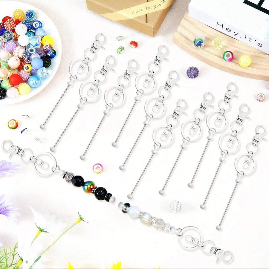 Beadable Keychains,12Pcs Keychain Making Kit Metal Keychain Blanks Bars For DIY CraftsJewelry,Custom Projects,Beaded Bulk Car Key Chain Rings Supplies Charms Clasp For Backpack Bags Purse,Christmas Gifts - 白色 - 查看 1