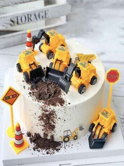 1 Set Cake Decorations Excavator, Bulldozer, Shovel Loader, Road Barrier, Road Sign, Suitable For Birthday Cake Decoration