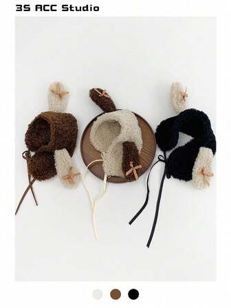 장식용 활이 달린 귀여운 강아지 모양의 플러시 귀마개, 여성을 위한 따뜻한 겨울 귀 덮개, 활이 달린 플리스 귀마개, 별과 폼폼 요소, 가을/겨울용 니트 귀마개 흰색 귀마개