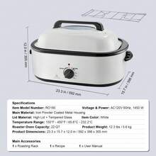 Horno asador eléctrico, horno asador de pavo de 22 cuartos de galón con tapa autocalentable, horno asador de 1450 W con función de descongelación y calentamiento, temperatura ajustable, bandeja y rejilla extraíbles, se adapta a pavos de hasta 26 libras, color blanco - Blanco - Ver 7