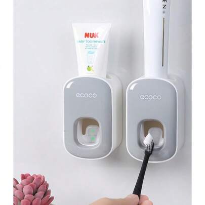 Dispensador automático de pasta de dientes gris/negro con tapa, dispensador de pasta de dientes para baño, accesorio de soporte para cepillo de dientes para el hogar. Soporte para cepillo de dientes. Accesorios de baño.