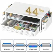 Desk Organizer And Accessories, Computer Monitor Stand Riser With Drawer And 2 Pen Holders, Office Desk Accessories & Workspace Organizers For Office Supplies (White){Inchcolor_nameinch:InchWhiteinch} - 白色的 - 查看 5