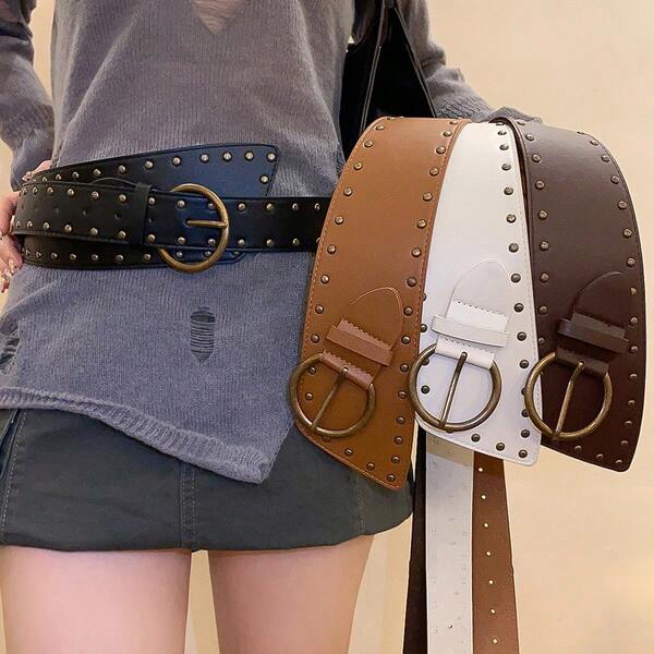 Pasek damski w stylu retro ze skóry z nitami i asymetrycznym łańcuchem w talii, szeroki pasek w stylu zachodnim, pasujący do spódnicy, spodni dżinsowych i ozdobnej taśmy w talii